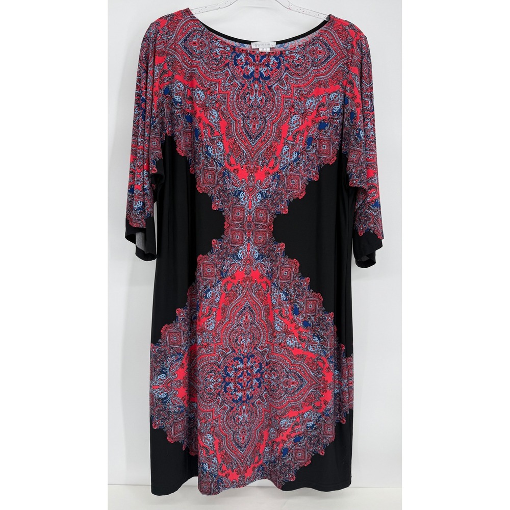 London Times Womens Black Red Paisley Medallion Scoop Neck Sheath Dress Sz 12